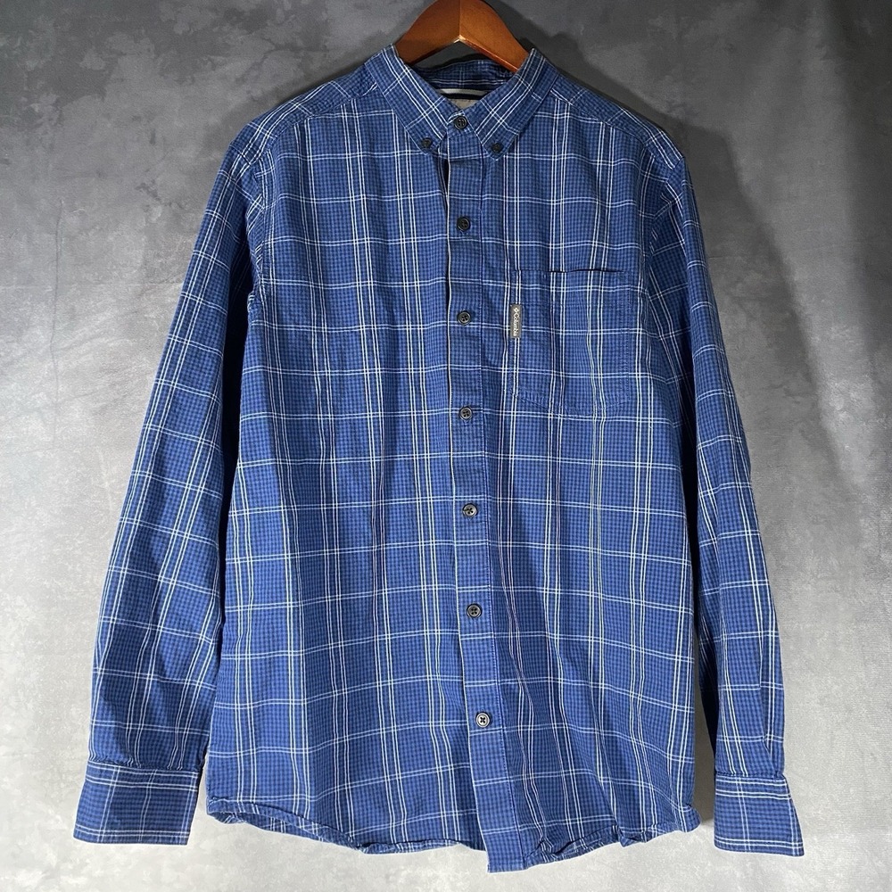 Columbia Sportswear Blue Cotton Plaid Long Sleeve‎ Button Down Hiking Shirt Sz M